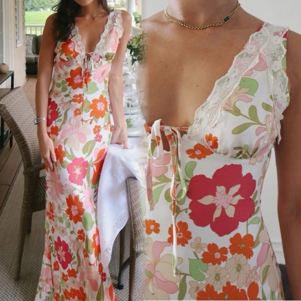 Bailey Rose Floral Maxi Slip Dress Lace Trim Cottagecore Boho Summer